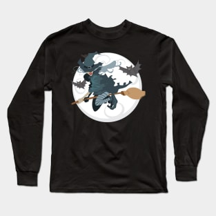 Halloween Witch Flying With Bats Long Sleeve T-Shirt